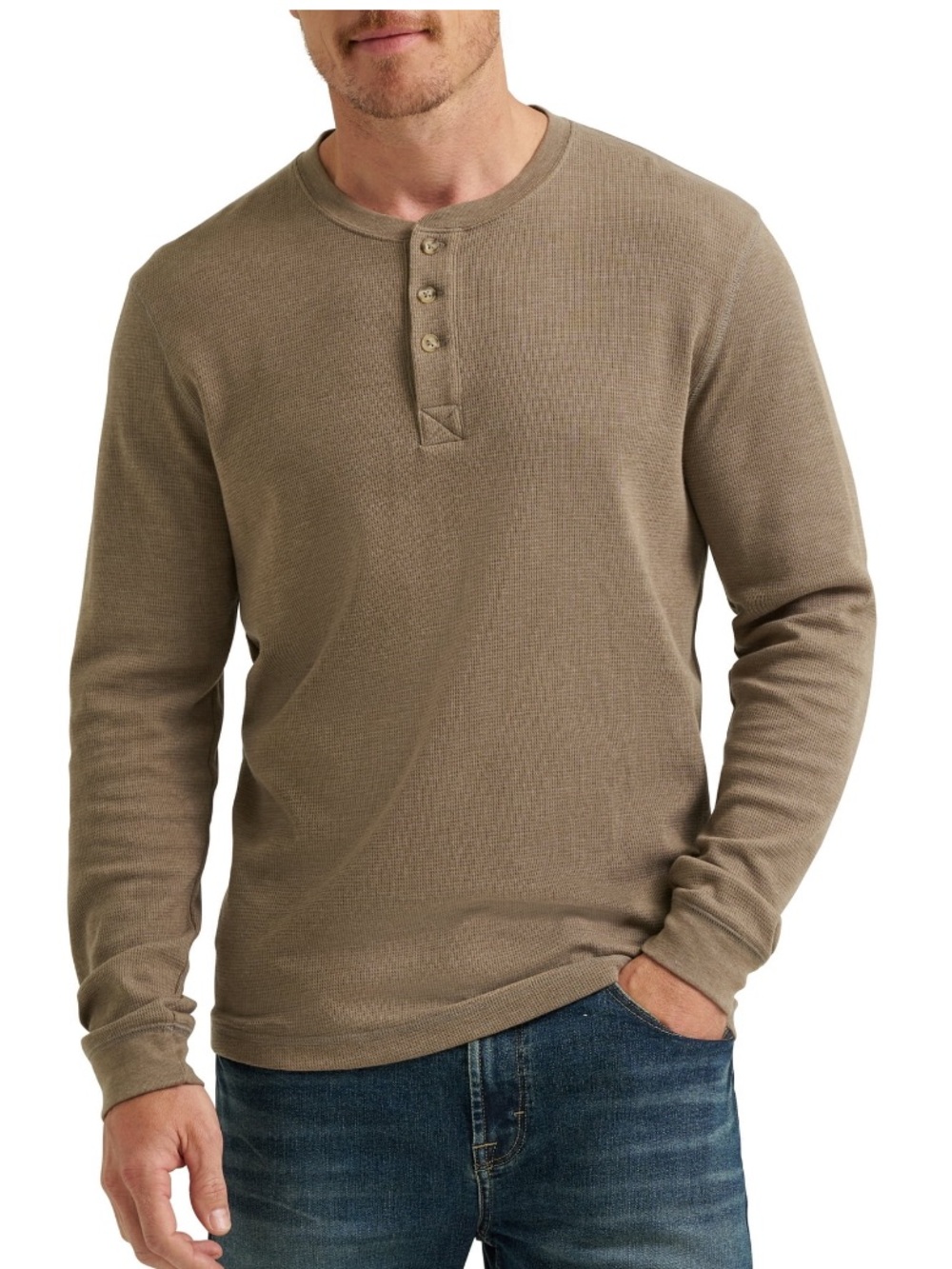 Wrangler Men's Long-Sleeve Henley Shirt in Olive Brown, NEW